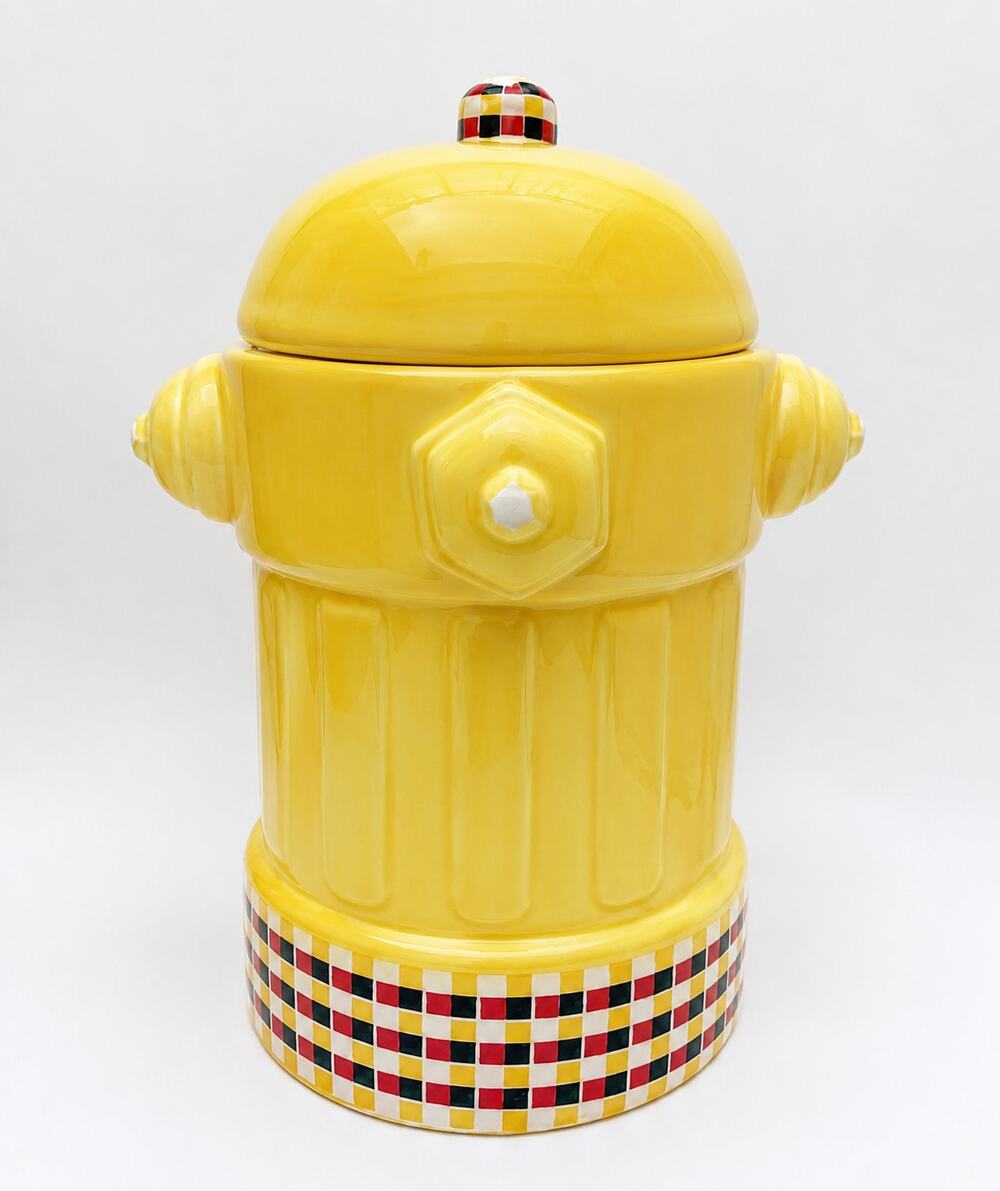MSRF Inc Fire Hydrant Cookie Jar Yellow Ceramic Checkerboard 12" #60641